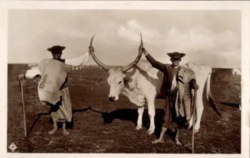 Ak Hortobagy Ungarn, Hirten mit Langhornrind