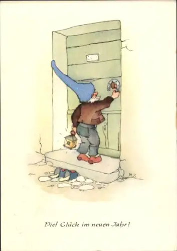 Künstler Ak Savelsberg, M., Glückwunsch Neujahr, Zwerg an der Tür