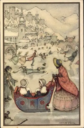 Künstler Ak Pieck, Anton, Ijsvermaak, Eisläufer, Frau mit Schlitten auf dem Eis