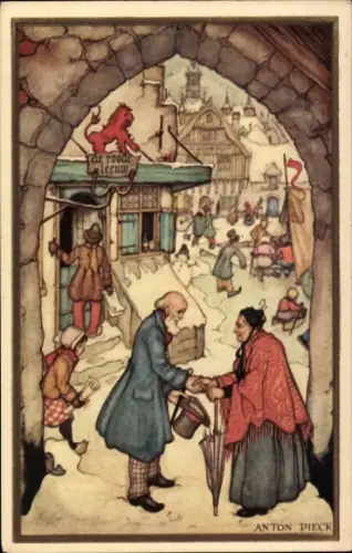 Künstler Ak Pieck, A., Mann begrüßt eine Frau, Gastwirtschaft, Straße