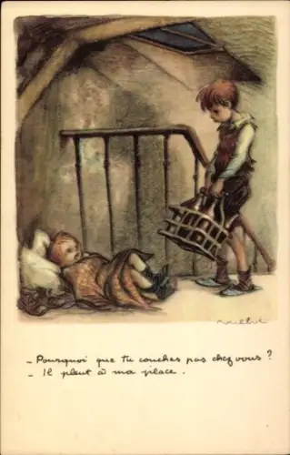 Künstler Ak Poulbot, Francisque, Kind schläft im Treppenhaus, Ligue Nationale contre le Taudis