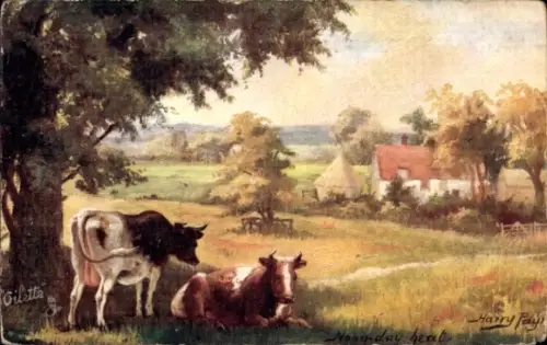 Künstler Ak Dorfpartie, Kühe