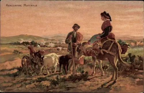 Künstler Ak Morgentreffen, Hirte, Frau in Tracht
