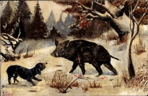 Künstler Ak Gaby, Windschweinjagd, Hund