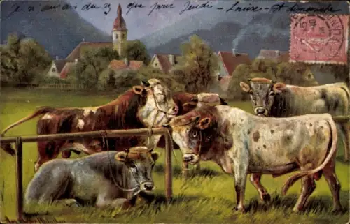 Künstler Ak Ortspartie, Kühe