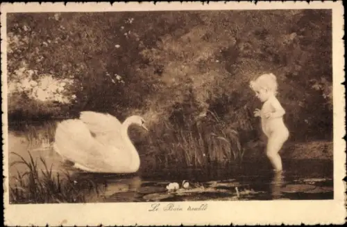 Künstler Ak Le Bain trouble, Kind, Schwan