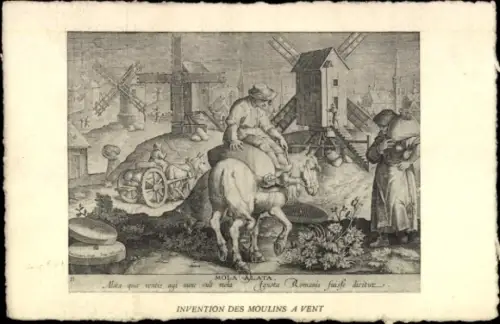Künstler Ak Erfindung der Windmühle, Müller mit Säcken, Lastenpferd, Fuhrwerk
