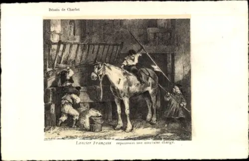 Künstler Ak Französische Lanzer, Kinder mit Lanzen im Pferdestall, Pferd