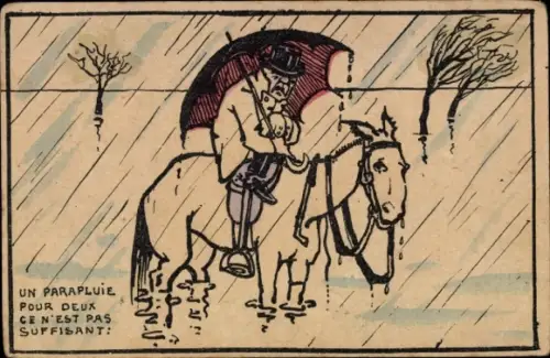 Künstler Ak Ein Regenschirm für zwei ist nicht genug, Reiter, Humor