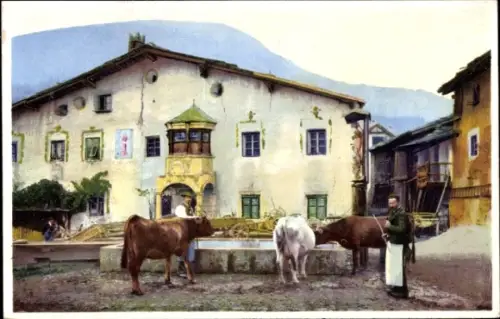 Ak Rinder an einer Tränke, Bauern, Haus, Nenke und Ostermaier Serie 381 Nr. 5218