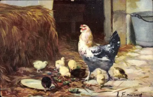 Künstler Ak Hühnerhof, Henne mit Küken