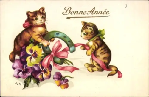 Ak Glückwunsch Neujahr, Katzen, Hufeisen