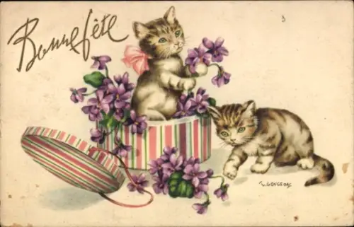 Künstler Ak Bonne Fete, zwei Katzen