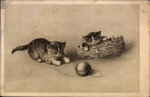 Ak Kätzchen beim Spielen, Korb