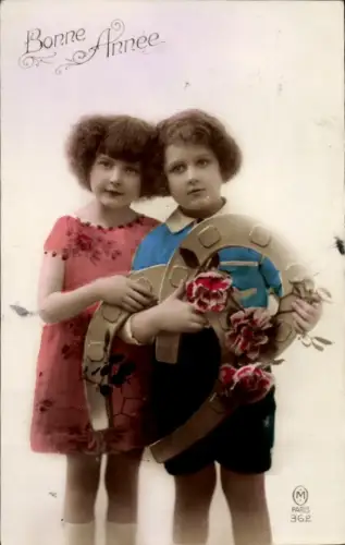 Ak Glückwunsch Neujahr, Kinder, Hufeisen, Blumen