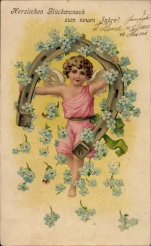 Ak Glückwunsch Neujahr, Engel, Hufeisen, Vergissmeinnicht