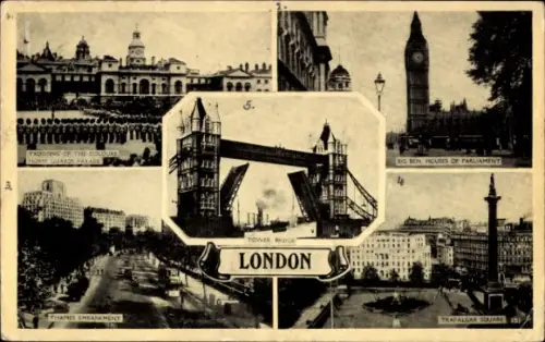 Ak Westminster London City, Tower Bridge, Big Ben, Trafalgar Square, Thames Embankment, Trooping 