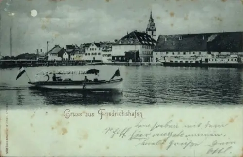 Mondschein Ak Friedrichshafen am Bodensee, Boot auf dem See bei Nacht