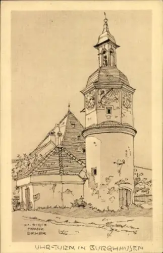 Künstler Ak Ermer, Franz, Burghausen an der Salzach Bayern, Uhrturm