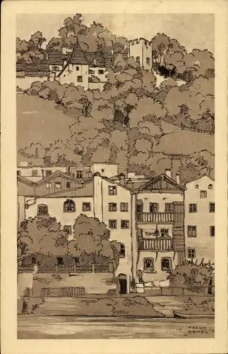Künstler Ak Ermer, Franz, Burghausen an der Salzach Oberbayern, Teilansicht