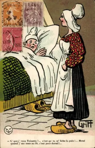 Künstler Ak Griff, Französische Trachten, Mann im Bett