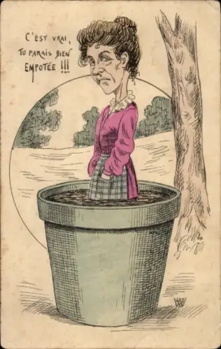 Künstler Ak Frau steckt in einem großen Blumentopf, Humor