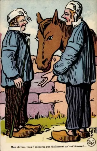 Künstler Ak Mon ch'vau, vous l'meneres pus facilement qu'vot'femme, Bauern mit Pferd