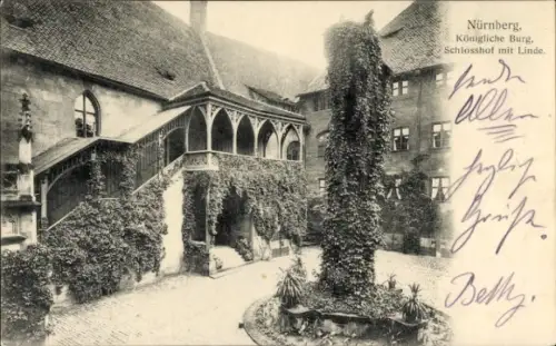Ak Nürnberg, Königliche Burg, Schlosshof mit Linde, Pflanzen, Treppe