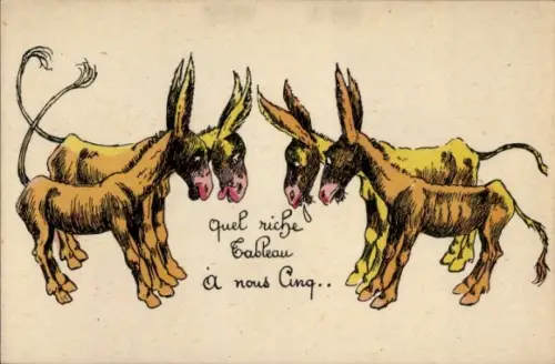 Künstler Ak Quel riche tableau à nous Cinq, Esel