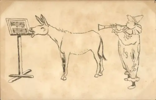 Künstler Ak Singender Esel, Notenständer, Clown mit Klarinette