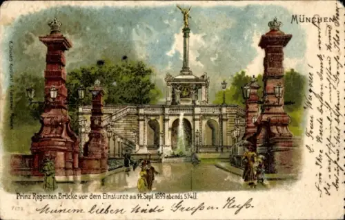 Litho München, Prinz Regenten Brücke vor dem Einsturz am 14. September 1899