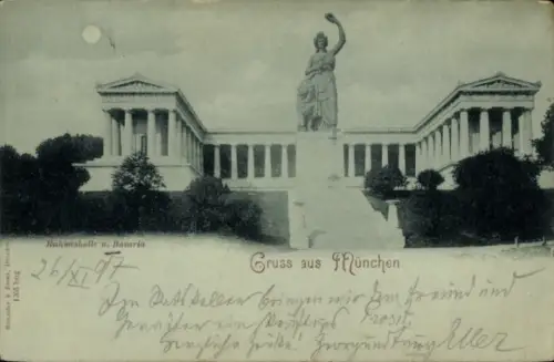 Mondschein Ak München Bayern, Ruhmeshalle und Bavaria