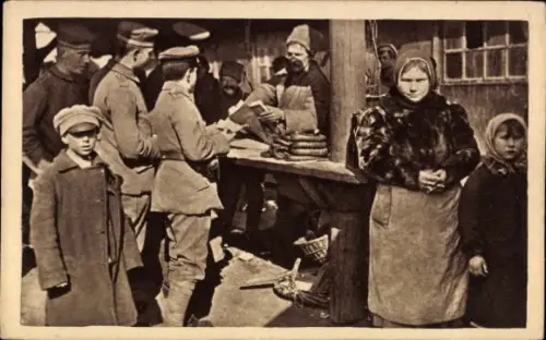 Ak Ukraine, Deutsche Soldaten an einem Verkaufsstand, I WK