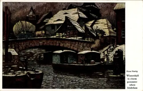 Künstler Ak Hartig, H., Winteridyll in einem pommerschen Städtchen
