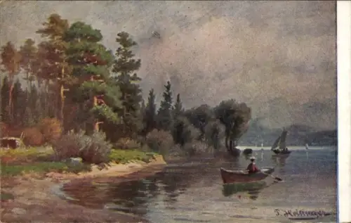 Künstler Ak Heilinger, Landschaft mit Gebirge, Seeufer