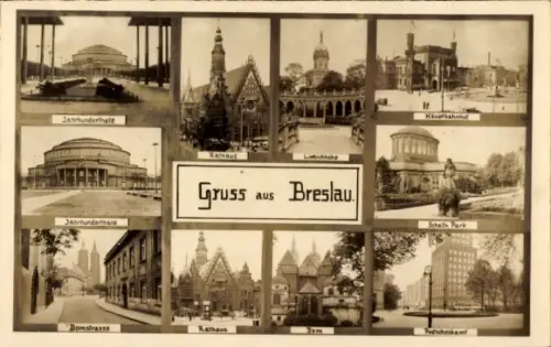 Ak Wrocław Breslau Schlesien, Rathaus, Jahrhunderthalle, Hauptbahnhof