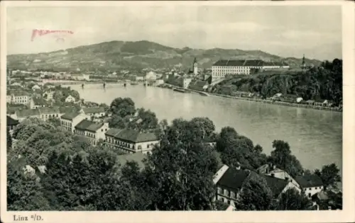 Ak Linz an der Donau Oberösterreich, Landschaft mit Fluss, Bäume, Häuser, Linz a/D.
