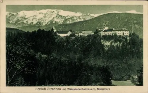 Ak Weißenbach bei Liezen Steiermark, Schloß Strechau, Weissenbachermauern,  Berge im Hintergrund