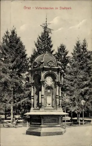 Ak Graz Steiermark, Wetterhäuschen, Stadtpark  Bäume, Uhr, 