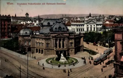 Ak Wien 1 Innere Stadt,  Deutsches Volkstheater, Raimund-Denkmal, Straßenbahn