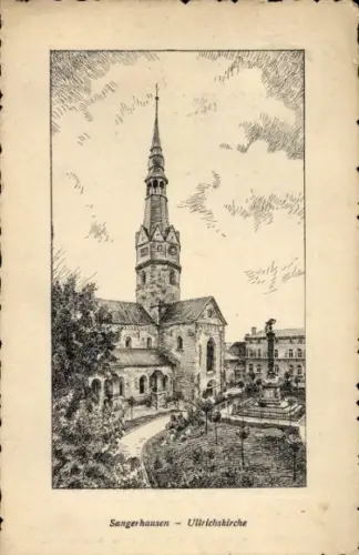 Ak Sangerhausen am Harz, Ullrichskirche,  Zeichnung, Parkanlage, Brunnen