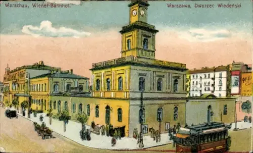 Ak Warszawa Warschau Polen,  Wiener-Bahnhof, Bahnhof mit Uhrturm, Straßenbahn