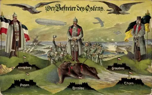 Ak Befreier des Ostens, Generalfeldmarschall Paul von Hindenburg, Kaiser Wilhelm II., Franz Josef I.