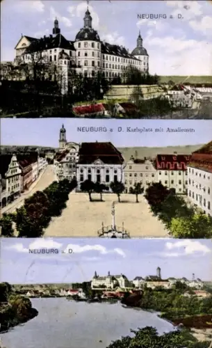 Ak Neuburg an der Donau Oberbayern, Neuburg a. D., Karlsplatz mit Amalienstraße, Flussansicht,  G