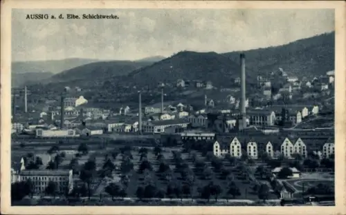 Ak Ústí nad Labem Aussig an der Elbe, Aussicht auf AUSSIG a. d. Elbe, Schichtwerke, Fabriken, Lan