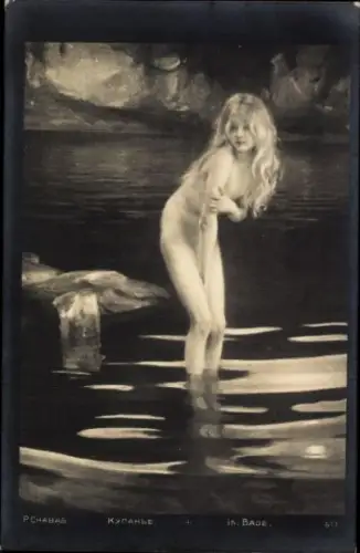 Künstler Ak Chabas, Im Zwielicht, Blonde junge Frau im Wasser badend
