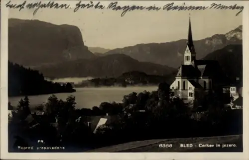 Ak Bled Veldes Slowenien, Gesamtansicht, Kirche