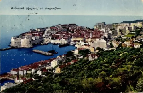 Ak Dubrovnik Kroatien, Landschaft von  Hafen, Stadtansicht, Wasser, Berge