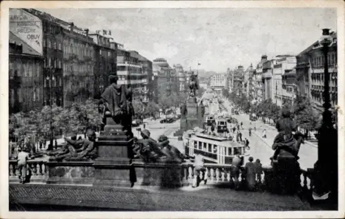 Ak Praha Prag Tschechien, Wenzelsplatz, Straßenansicht, Statue, Straßenbahn, Geschäfte