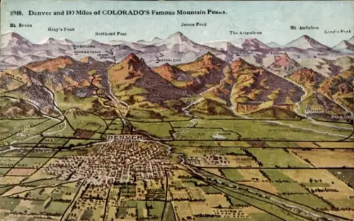 Ak Denver Colorado USA, Vogelperspektive auf  Rocky Mountains, Berggipfel, geografische Namen